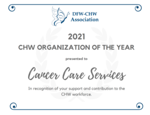 2021 CHW Organization of the Year certificate for Cancer Care Services
