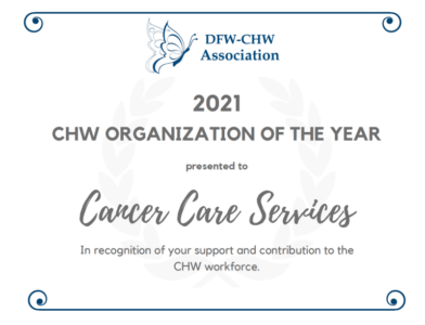 2021 CHW Organization of the Year certificate for Cancer Care Services