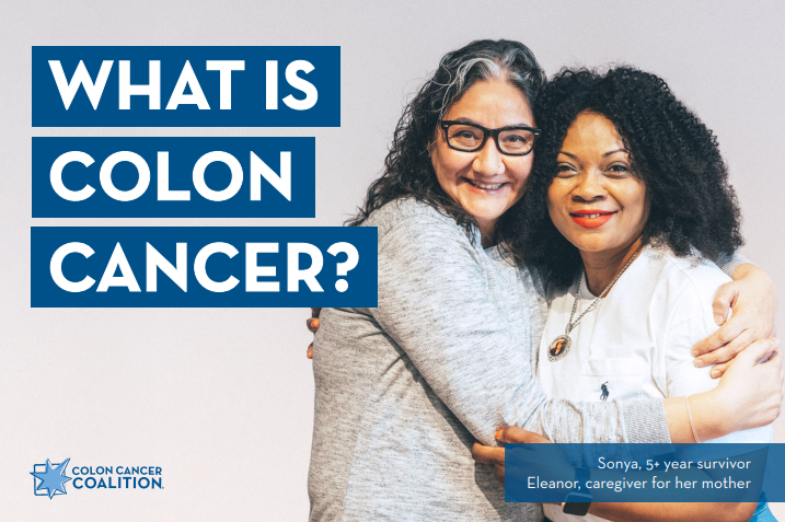 Colon Cancer Coalition graphic with an older mother and adult daughter.