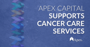 Blog header that has a strip of different color cancer ribbons and text that says "Apex Capital Supports Cancer Care Services"