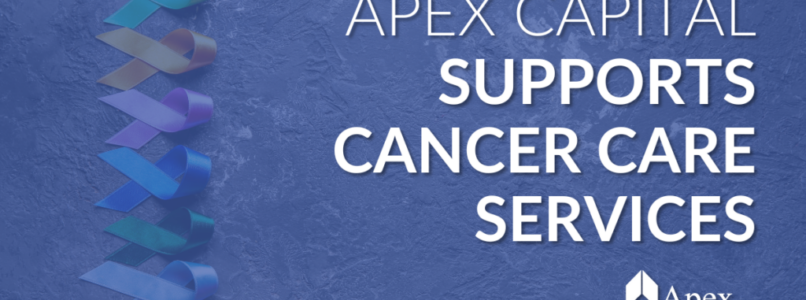 Blog header that has a strip of different color cancer ribbons and text that says "Apex Capital Supports Cancer Care Services"
