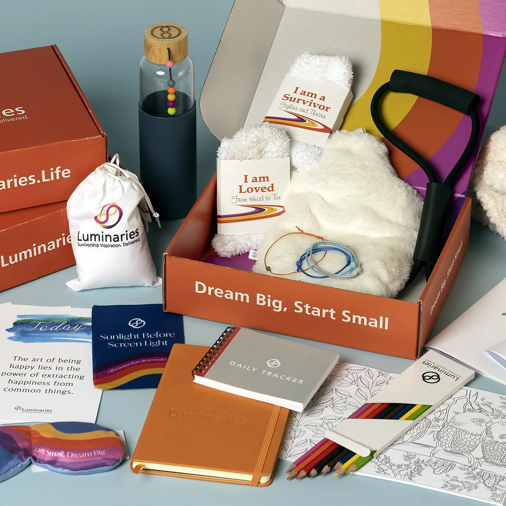 An orange subscription box from Luminaries includes goodies and tools for cancer survivors.