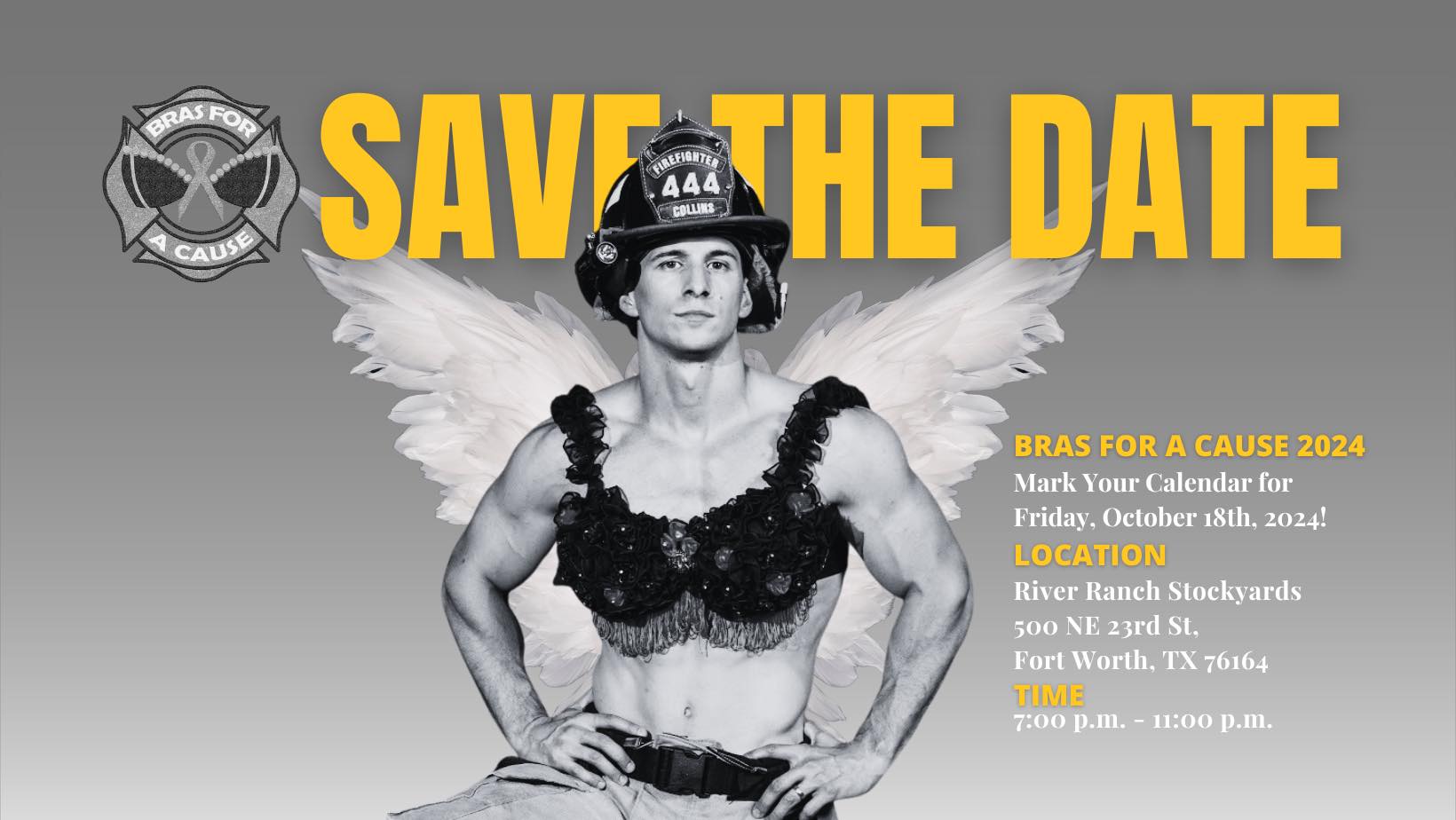 A firefighter in a bra and wings poses for a Bras for a Cause save the date poster.